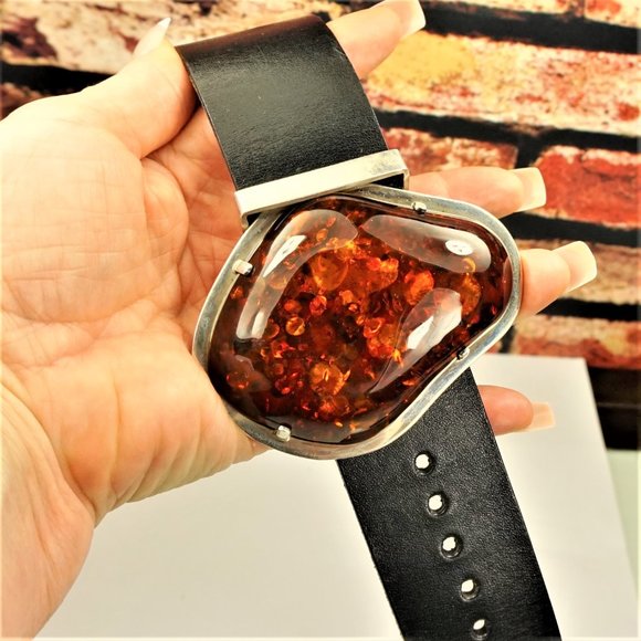 SUPER HUGE AMBER STERLING LEATHER RARE BRACELET 9 BY AMBERMODA UNISEX - Picture 2 of 16